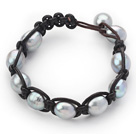 Fashion Style 10-11mm Gray Freshwater Pearl Wrapped Leather Bracelet with Black Leather