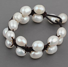 Double Layer 10-11mm White Freshwater Pearl Leather Bracelet with Black Leather