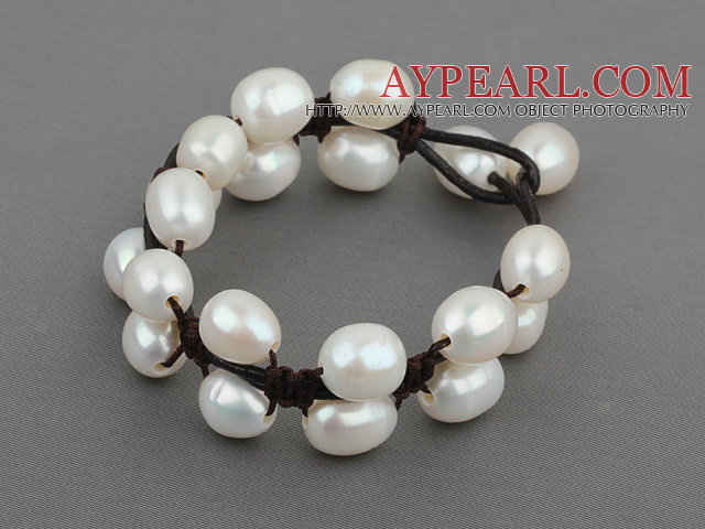 Double 10-11mm perle d'eau douce bracelet en cuir blanc avec couche en cuir noir