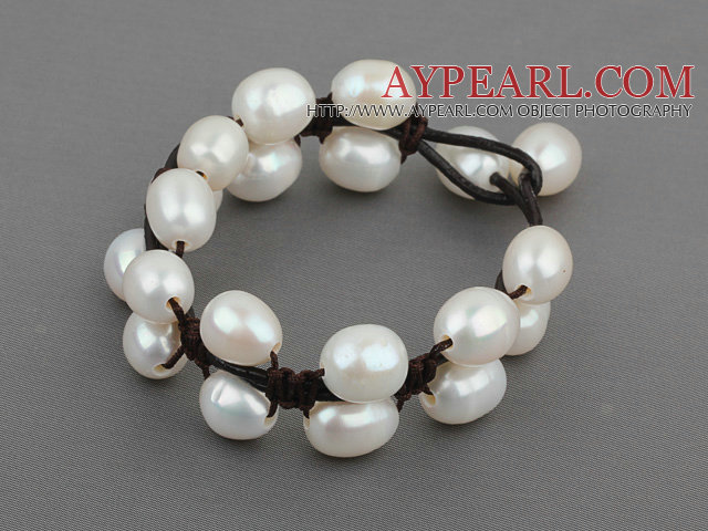 Double Layer 10-11mm White Pearl γλυκού νερού δερμάτινο βραχιόλι με μαύρο δέρμα