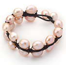 Double Layer 10-11mm Pink Freshwater Pearl Leather Bracelet with Black Leather