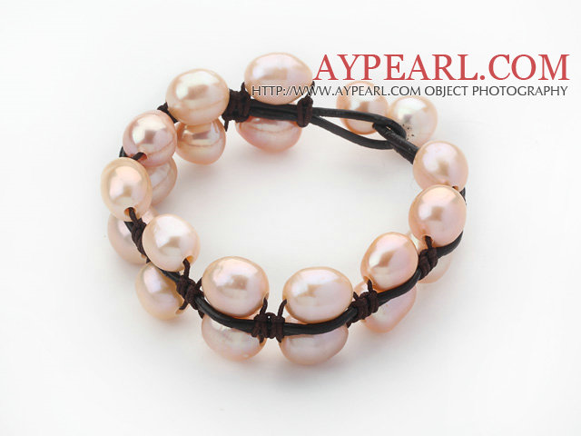 Double Layer 10-11mm Pink Freshwater Pearl Leather Bracelet with Black Leather