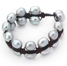 Wholesale Double Layer 10-11mm Gray Freshwater Pearl Leather Bracelet with Black Leather