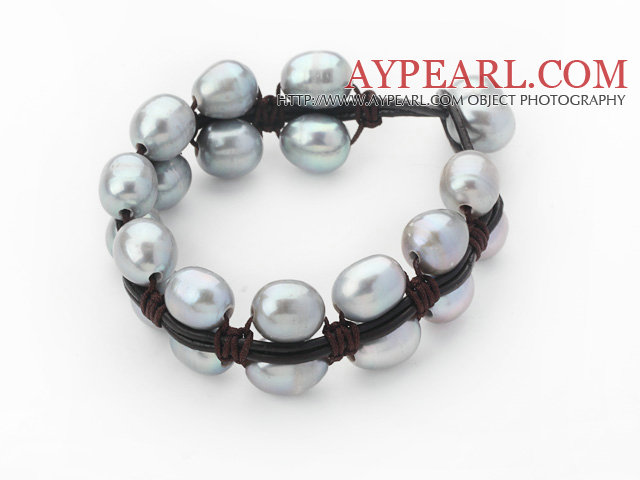 Double Layer 10-11mm Gray Freshwater Pearl Leather Bracelet with Black Leather
