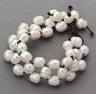 10-11mm White Freshwater Pearl Leather Bracelet with Coffee Brown Bracelet