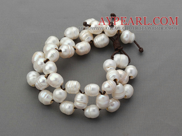 10-11mm White Freshwater Pearl Leather Bracelet with Coffee Brown Bracelet