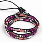 Fashion Style Rose Red Agate Watermelon Crystal Beads Three Times Wrap Bangle Bracelet