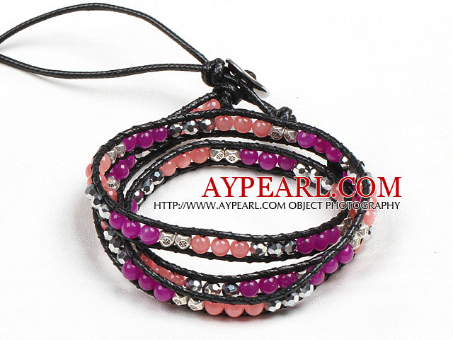 Fashion Style Rose Red Agate Watermelon Crystal Beads Three Times Wrap Bangle Bracelet