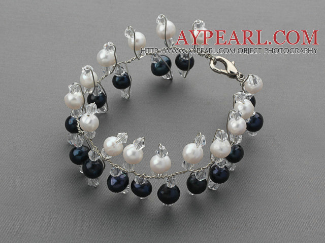 2013 Summer New Design Black and White Freshwater Pearl and Clear Crystal Bridal Bracelet