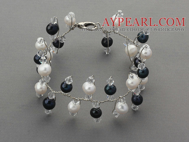 2013 Summer New Design Valikoima Mustavalkoinen makeanveden helmen ja Clear Crystal Bridal rannerengas