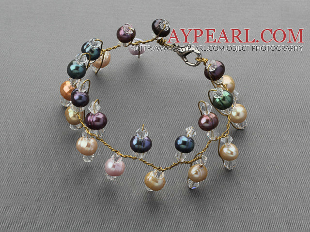 2013 Sommar Ny design Blandade Multi Color sötvattenspärla och Clear Crystal Bridal Armband