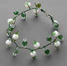 2013 Summer New Design Vihreä ja Valkoinen makeanveden helmen ja vihreä kristalli Bridal rannerengas