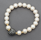 Classic Design A Grade Round White Freshwater Pearl Beaded Stretch Bracelet with Heart Shape Gray Rhinestone