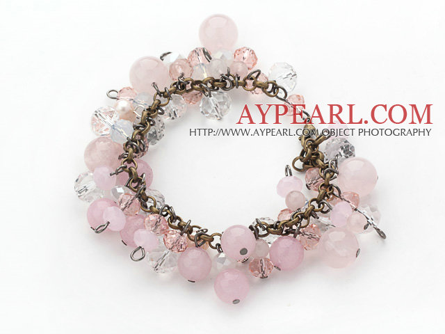 Vintage Style Pink Series Rose Quarta and Pink Crystal Bracelet