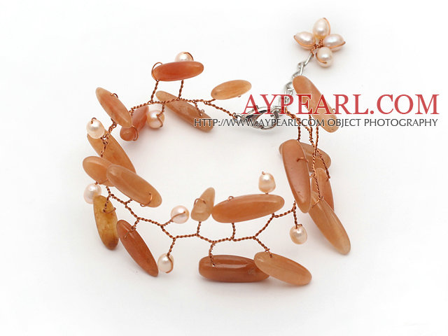 Ροζ γλυκού νερού μαργαριτάρι και Branch Σχήμα Red Wire Aventurine βραχιόλι χρώμα κροσέ