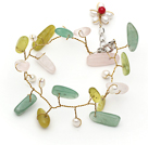 White Freshwater Pearl and Branch Shape Rose Quartz and Olive and Aventurine Wire Crocheted Multi Color Bracelet