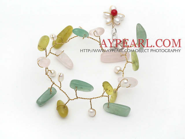 White Pearl γλυκού νερού και Σχήμα Branch Rose Quartz και Ελιάς και Aventurine Wire κροσέ πολλαπλών βραχιόλι χρώμα