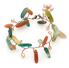 Rosa Sötvatten Pearl och Branch Shape Aventurin och Sydkorea Jade Wire Virkade Multi Color Bracelet