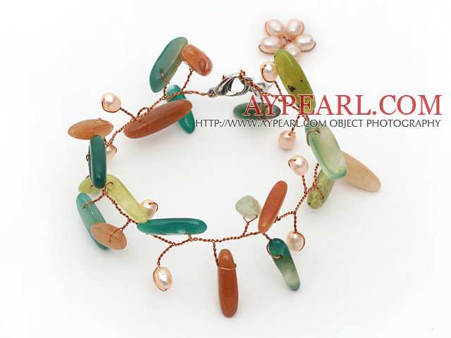 Pink Freshwater Pearl and Branch Shape Aventurine and South Korea Jade Wire Crocheted Multi Color Bracelet