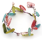 Blanc perle d'eau douce et de forme de branche de cerisier quartz et la Corée du Sud Jade Fil crochet multi bracelet de couleur