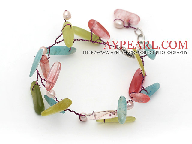 White Freshwater Pearl and Branch Shape Cherry Quartz and South Korea Jade Wire Crocheted Multi Color Bracelet