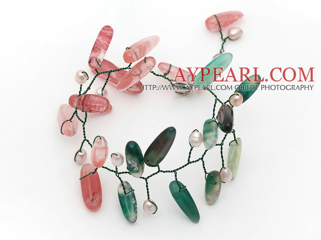 Pink Freshwater Pearl and Branch Shape Cherry Quartz and Green Agate Wire Crocheted Multi Color Bracelet