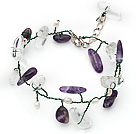 White Freshwater Pearl and Branch Shape Clear Crystal and Amethyst Wire Crocheted Multi Color Bracelet