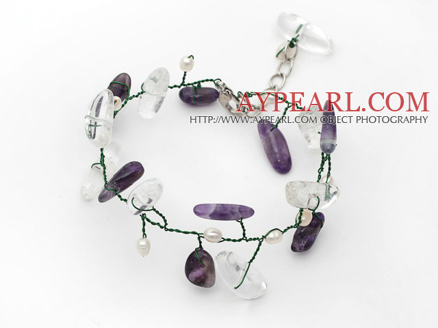 White Freshwater Pearl and Branch Shape Clear Crystal and Amethyst Wire Crocheted Multi Color Bracelet