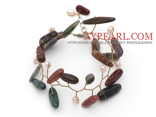 Rosa Sötvatten Pearl och Branch Shape indiska Agate Wire Virkade armband