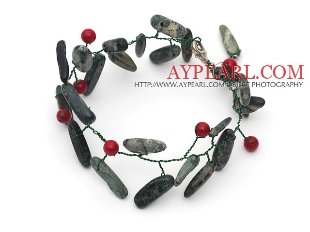 Red Coral and Green Black Color Branch Shape Indian Agate Wire Crocheted Bracelet