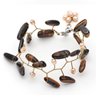 Pink ferskvannsperle og Brown Color Branch Shape Tiger Eye Wire Heklet armbånd