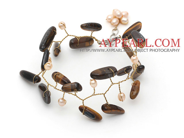 Pink ferskvannsperle og Brown Color Branch Shape Tiger Eye Wire Heklet armbånd