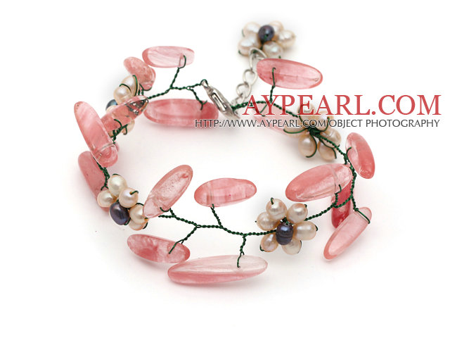 Pink Series Pink Freshwater Pearl and Branch Shape Cherry Quartz Wire Crocheted Bracelet