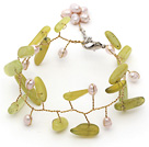 Yellow Green Series Pink Freshwater Pearl and Branch Shape South Korea Jade Wire Crocheted Bracelet