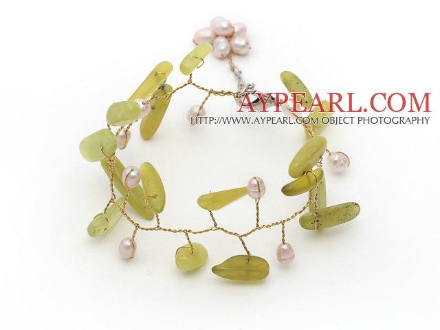 Yellow Green Series Pink Freshwater Pearl and Branch Shape South Korea Jade Wire Crocheted Bracelet