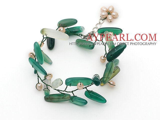 Green Series Pink Freshwater Pearl and Branch Shape Green Agate Wire Crocheted Bracelet