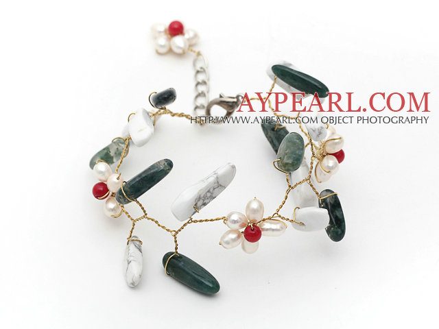 Vit Sötvatten Pearl och korall Flower and Branch Shape indiska Agate Wire Virkade armband