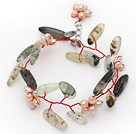 Pink Freshwater Pearl Flower and Branch Shape Prehnite Wire Crocheted Bracelet