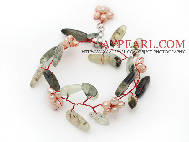 Pink Freshwater Pearl Flower and Branch Shape Prehnite Wire Virkade armband