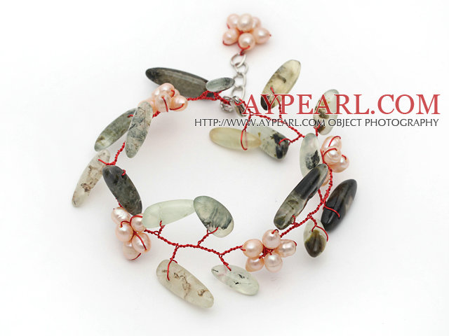 Fleur rose perle d'eau douce et Direction Forme Prehnite Fil Bracelet Crocheté