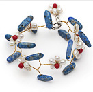 White Freshwater Pearl and Coral Flower and Branch Shape Lapis Wire Crocheted Bracelet