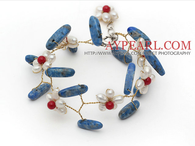 White Freshwater Pearl and Coral Flower and Branch Shape Lapis Wire Crocheted Bracelet