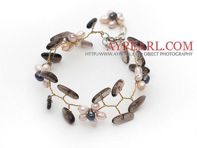 Pink ferskvannsperle Flower og Branch Shape Smoky Quartz Wire Heklet armbånd