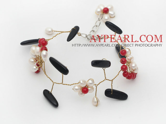 White Freshwater Pearl and Red Coral Flower and Branch Shape Bluesand Stone Wire Crocheted Bracelet