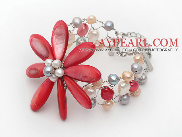 Multi Color perles d'eau douce et rose chaud Shell Fleur Fil Bracelet Crocheté