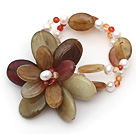 Wholesale White Freshwater Pearl and Carnelian and Three Colored Jade Flower Bracelet