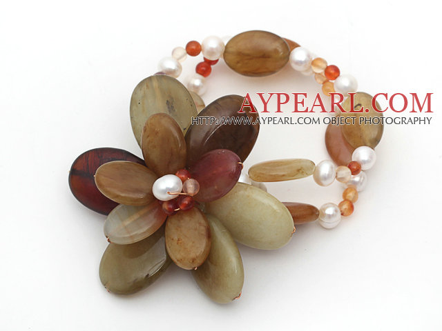 White Freshwater Pearl and Carnelian and Three Colored Jade Flower Bracelet