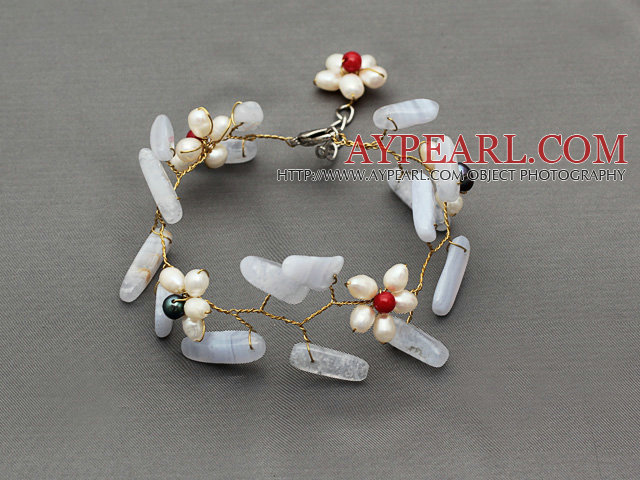 Nouveau design blanc perle d'eau douce et de fleur de corail et pourpre Agate Jaune Couleur Fil Bracelet Crocheté