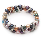Assorted Multi Color 7-8mm Freshwater Pearl Stretch Bangle Bracelet with Rhinestone Accessories
