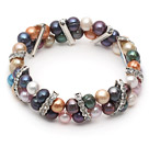 Assorted Multi Color 7-8mm Freshwater Pearl Stretch Bangle armbånd med Rhinestone tilbehør